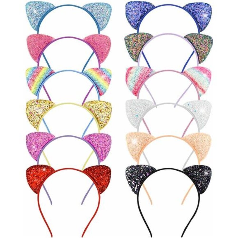 12 Pack Glitter Cat Ear Headbands Girls Women Party Hair Accessories Multicolor